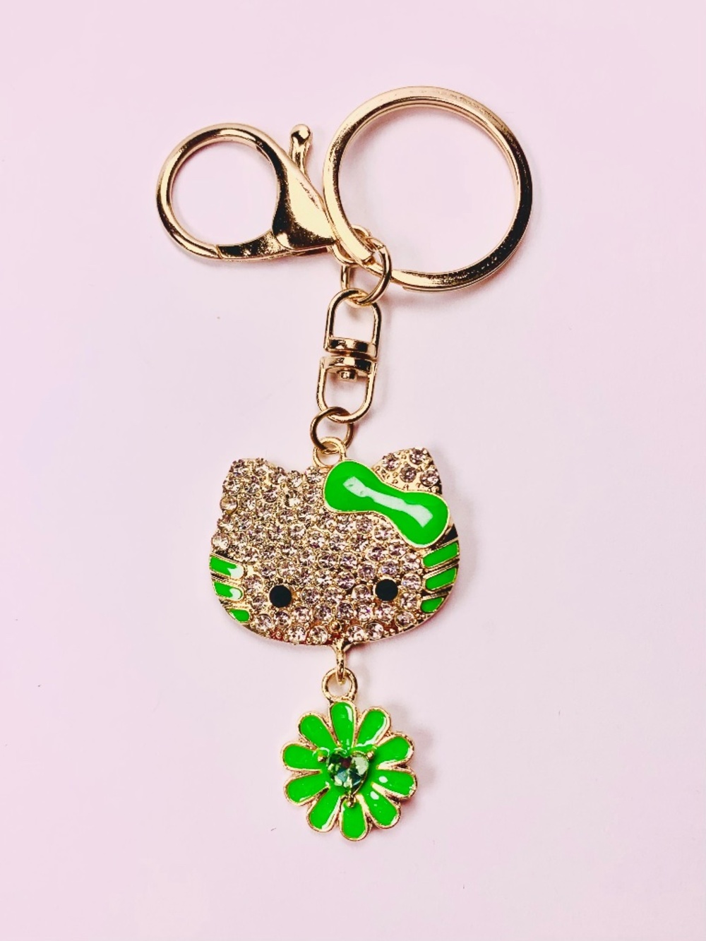 Hello Kitty Sparkly Green Enameled Bow Rhinestone Flower Keychain Bag Charm